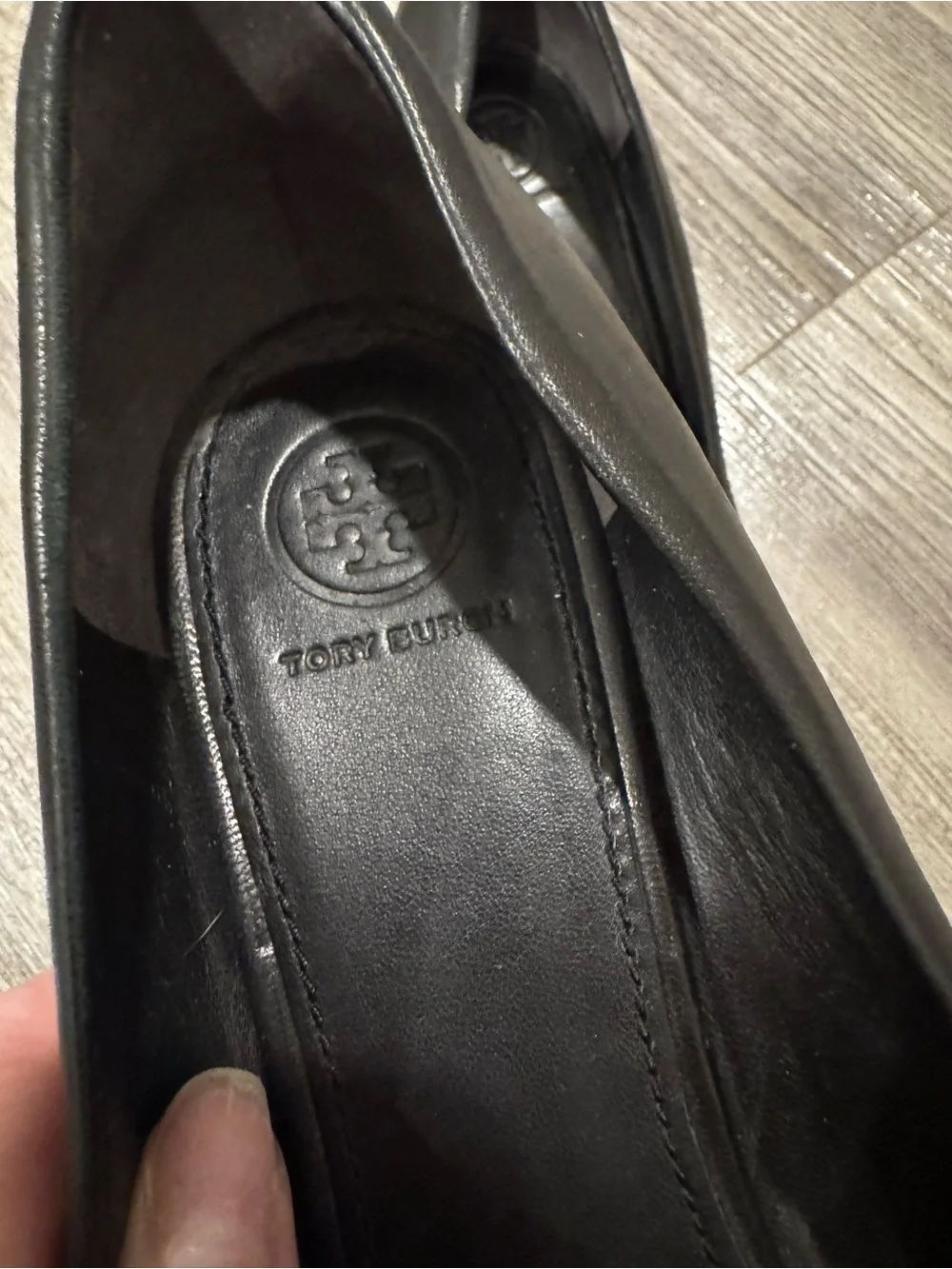 Tory Burch Black Sally Leather Wedge Gold Logo Size 10.5 (10 1/2)